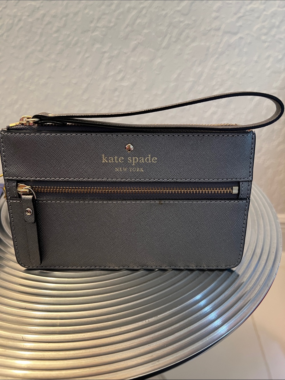 kate spade New York 
 Grey Leather Wristlet with Front Zip Pocket